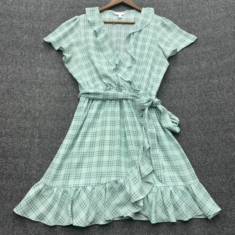 LC Lauren Conrad Dress L Flutter Green Plaid Faux Wrap Prairie Cottagecore